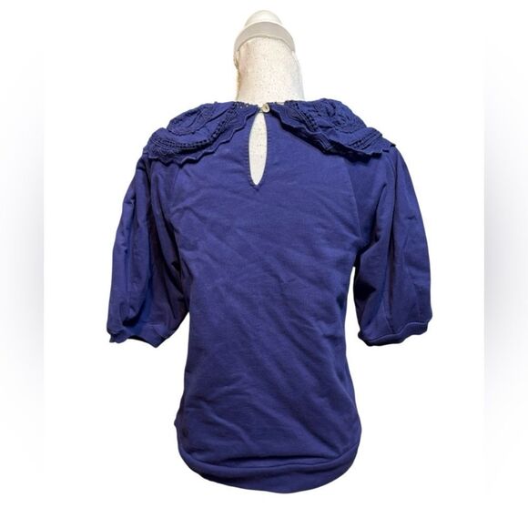 Anthropologie Maeve Short-Sleeve Embellished-Collar Top Size S Blue Peter Pan - Picture 4 of 5